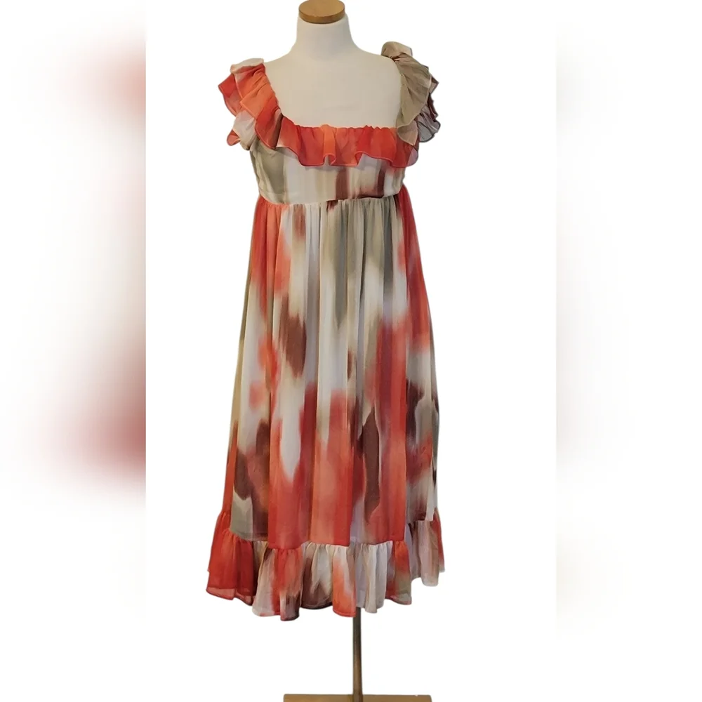 Banana Republic Chiffon Watercolor Ruffle Tie Bow Smocked Midi Dress